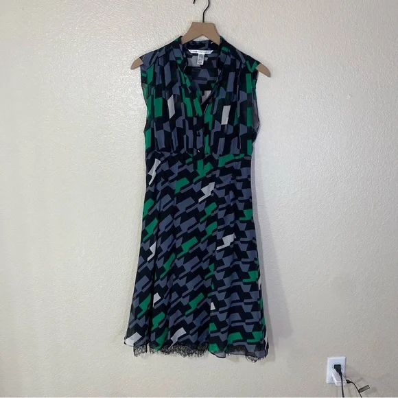 Diane Von Furstenberg | Dresses | Diane Von Furstenberg Finola Dress Green  Black Gray Lace Lined Hem Button Sz | Poshmark